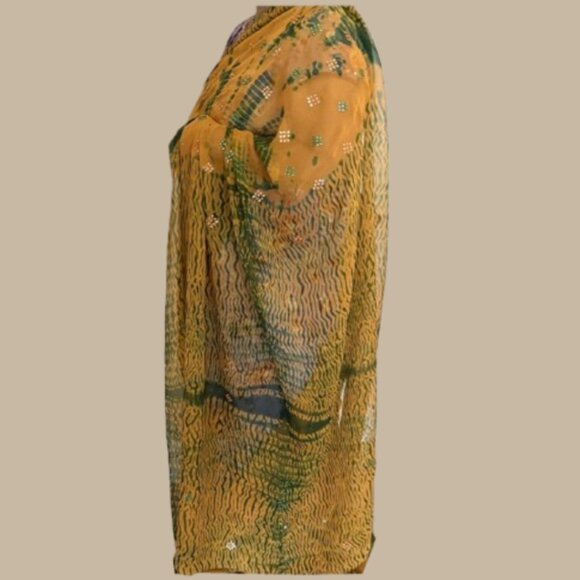Mustard Yellow Shibori Tie Dye Saree Orange Green Chiffon Indian Sari - Picture 9 of 15